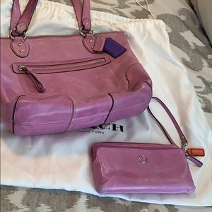 Pink leather coach bag with wristlet wallet